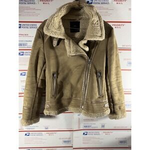 ZARA OUTERWEAR TAN FAUX SUEDE MOTO JACKET SHEARLING LINED ZIPPERS SZ S